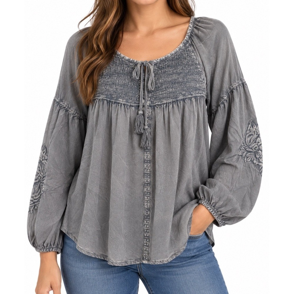 Solitaire Womens Gray Boho Embroidered Smocked Peasant Blouse Top Size L